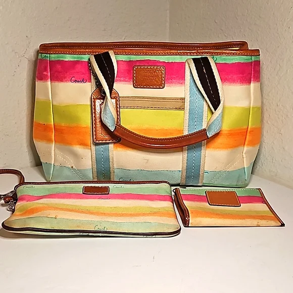 FLASH SALE!!! Authentic Coach 3 piece Watercolor Stripe Vintage Set - Picture 1 of 5